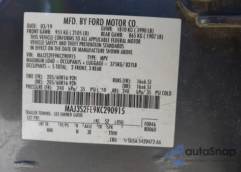 2019 Ford Ecosport S z USA, uszkodzony, nr VIN MAJ3S2FE9KC290915